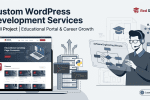 A professional illustration visualizing Custom WordPress Development Services for the SPTII project, featuring a developer interacting with an educational portal schematic, Python code, and a stylized software engineering lifecycle diagram, set against a modern blue and grey background.