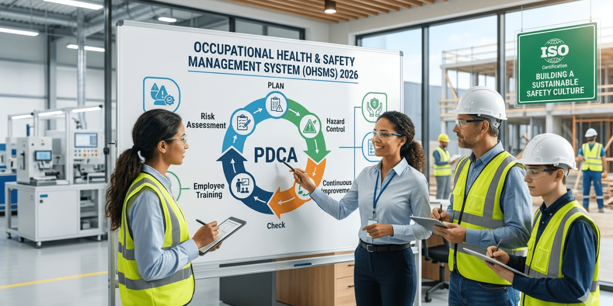 A modern infographic illustrating the Occupational Health and Safety MS (OHSMS) 2026 framework, featuring a Plan-Do-Check-Act (PDCA) safety cycle and collaborative team. This aligns with ISO 45001 standards for proactive workplace risk management and sustainable safety culture.