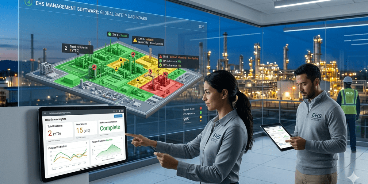 A safety manager in a proactive operations center, viewing an EHS Management Software 2026 digital dashboard that tracks incidents and predictive safety data in real-time across a large industrial site at dusk.