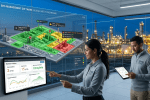 A safety manager in a proactive operations center, viewing an EHS Management Software 2026 digital dashboard that tracks incidents and predictive safety data in real-time across a large industrial site at dusk.