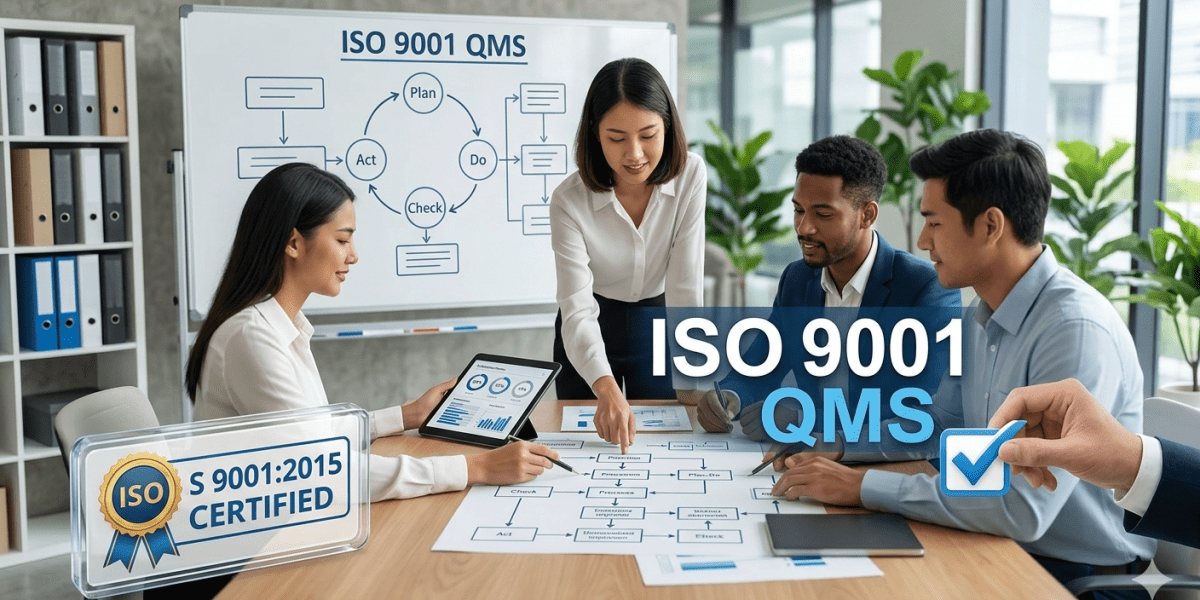 A team of professionals collaborating on process flowcharts and performance metrics in a modern office, symbolizing the implementation of an ISO 9001 Quality Management System.
