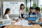 A team of professionals collaborating on process flowcharts and performance metrics in a modern office, symbolizing the implementation of an ISO 9001 Quality Management System.