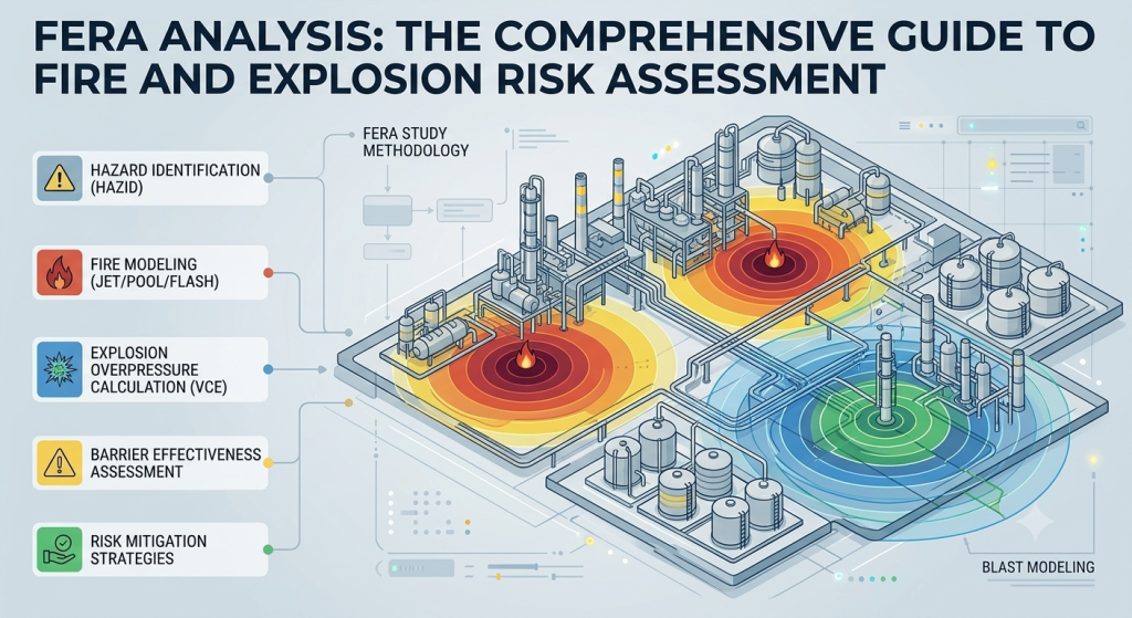 FERA Analysis diagram showing fire modeling, HAZID, explosion overpressure, and risk mitigation strategies