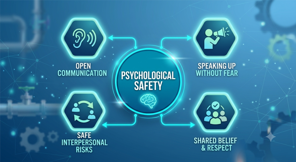 Infographic defining psychological safety with four pillars: open communication, speaking up without fear, shared belief and respect, and safe interpersonal risks.