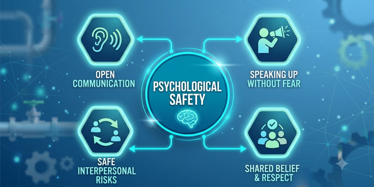 Infographic defining psychological safety with four pillars: open communication, speaking up without fear, shared belief and respect, and safe interpersonal risks.