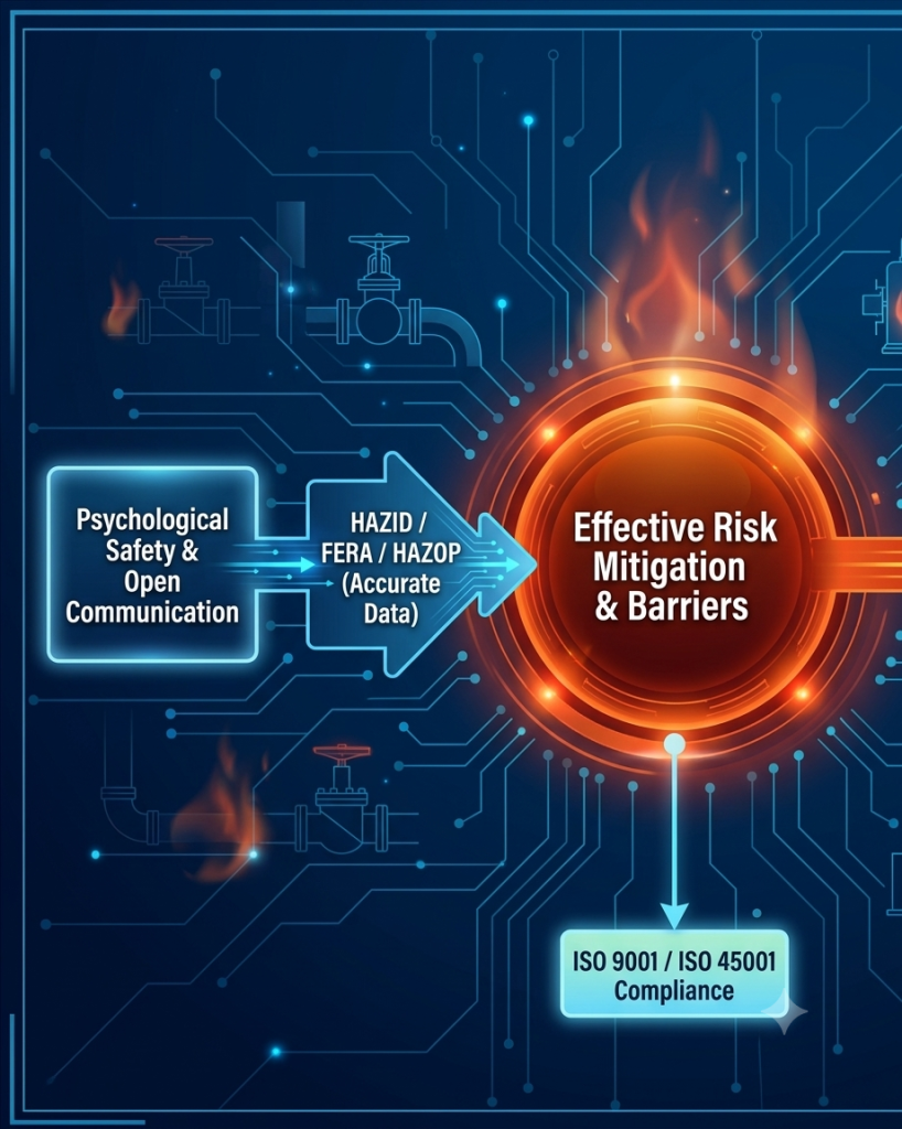 Flow diagram showing how psychological safety and open communication feed into HAZID, FERA, and HAZOP risk assessments to build effective barriers and maintain ISO compliance.